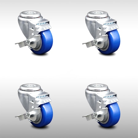 Service Caster 3 Inch SS Blue Polyurethane Wheel Swivel Bolt Hole Caster Set with Brake SCC SCC-SSBH20S314-PPUB-BLUE-TLB-4